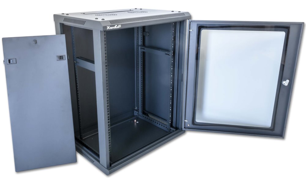 XtendLan 15U/600x450, na zeď, jednodílný, rozložený, skleněné dveře, černé
