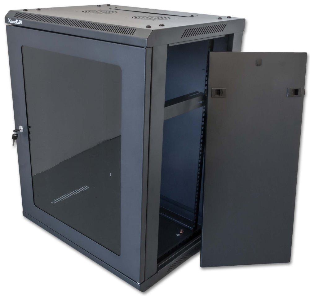 XtendLan 15U/600x450, na zeď, jednodílný, rozložený, skleněné dveře, černé