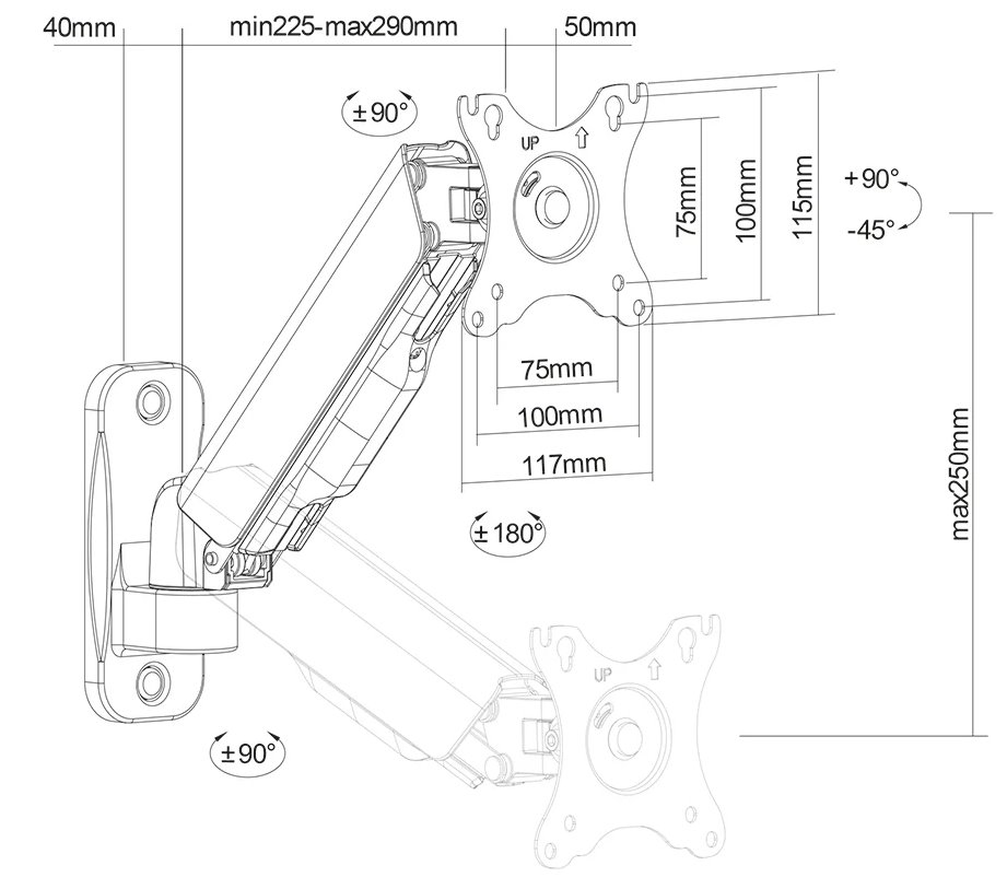 Neomounts  WL70-440BL11/Držák displeje/na stěnu/17-32"/sklopný/rotace/plynový píst/2 čepy/VESA 100X100/nosn. 9kg/černý