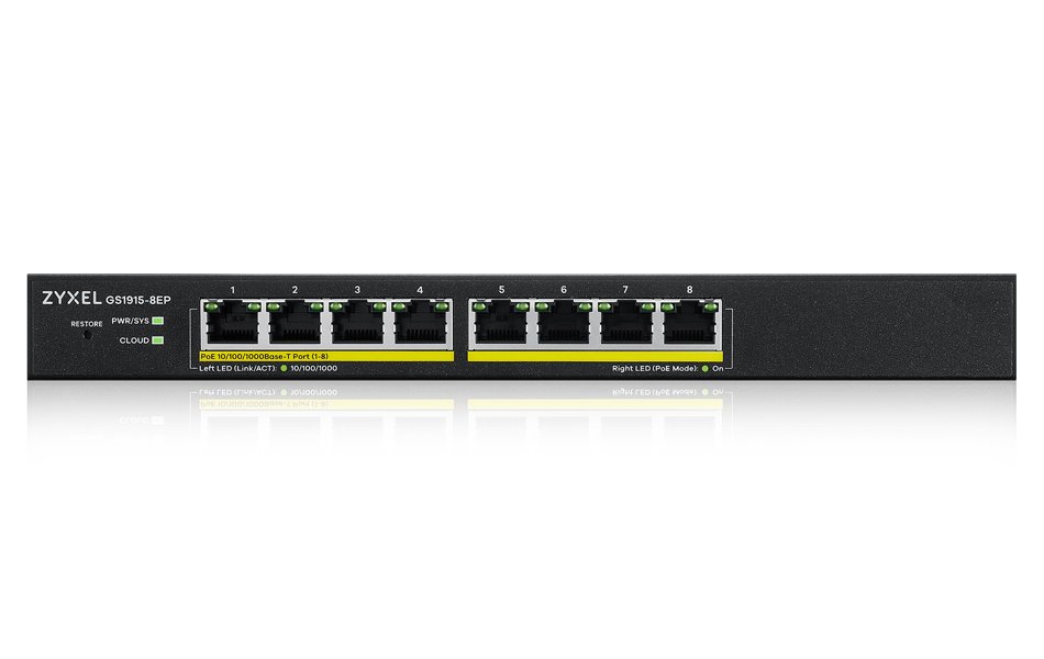 ZyXEL GS1915-8EP, 8-port GbE PoE Smart hybrid mode Switch, standalone or NebulaFlex Cloud, 60W 802.3at, desktop, fanless