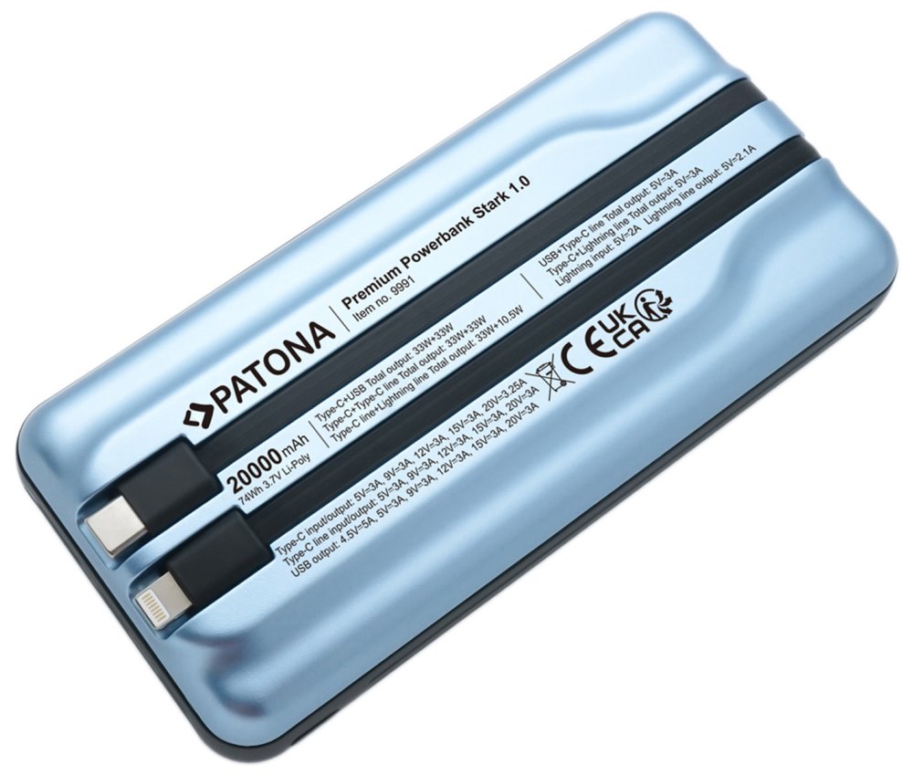PATONA powerbanka, 20000mAh Li-Pol 3A, USB-C/Lightning, PD 65W, modrá