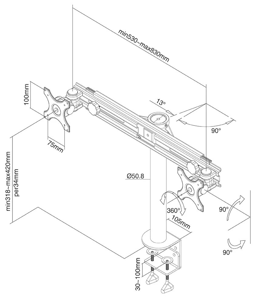 Neomounts FPMA-D700D/Držák displeje/na stůl/10-30"/svorka/VESA 100X100/nosn. 2x8kg/2 displeje/černý