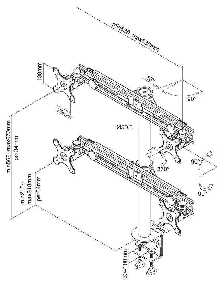 Neomounts FPMA-D700D4/Držák displeje/na stůl/19-30"/svorka/VESA 100X100/nosn. 4x8kg/4 displeje/černý