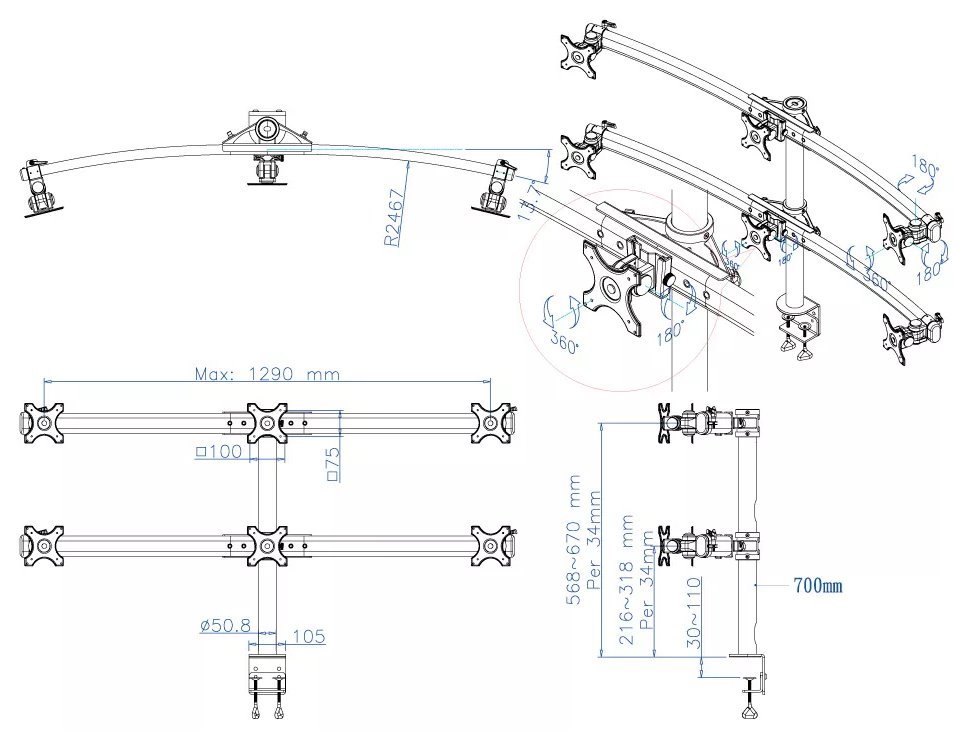 Neomounts FPMA-D700D6/Držák displeje/na stůl/19-27"/svorka/VESA 100X100/nosn. 6x8kg/6 displejů/černý