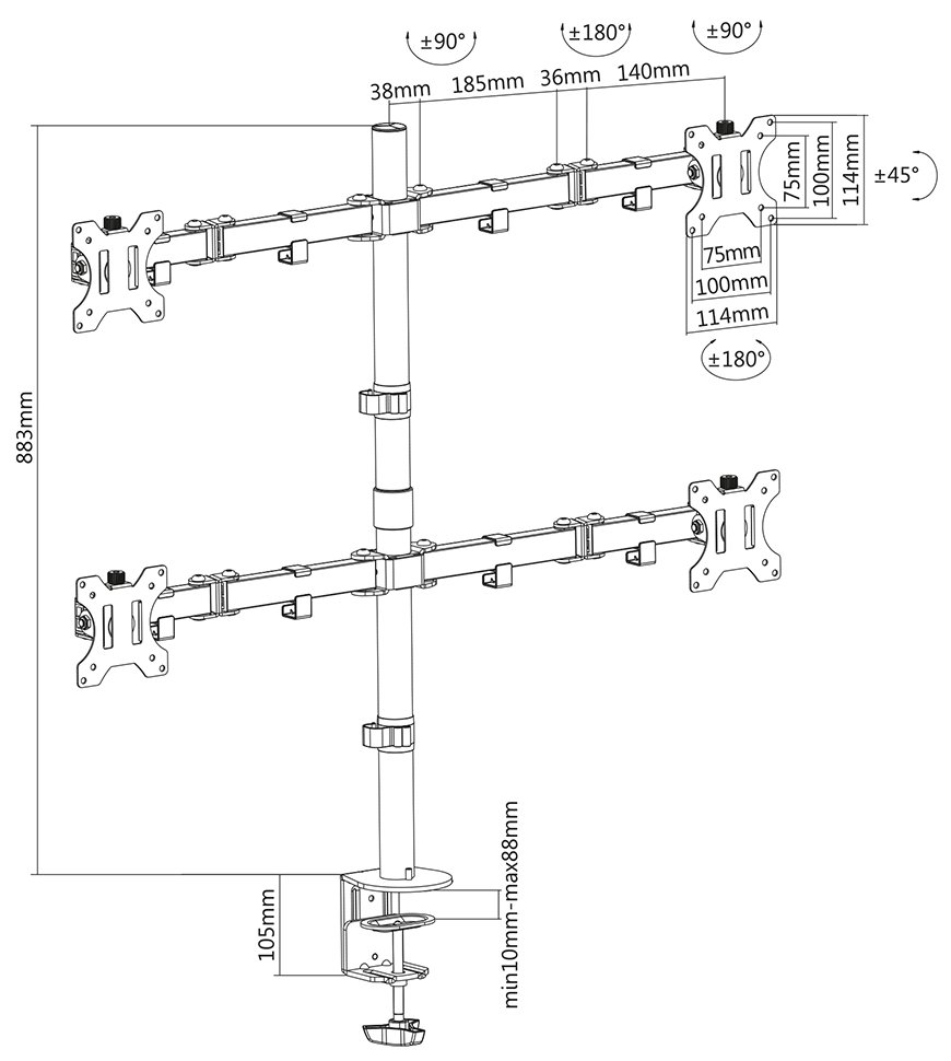 Neomounts FPMA-D550D4BLACK / Flat Screen Desk Mount (clamp/grommet) / Black