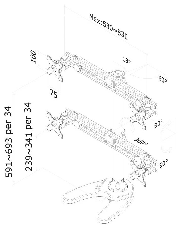 Neomounts FPMA-D700DD4/Držák displeje/na stůl/19-30"/stojan+průchodka/VESA 100X100/nosn. 4x8kg/4 displeje/černý