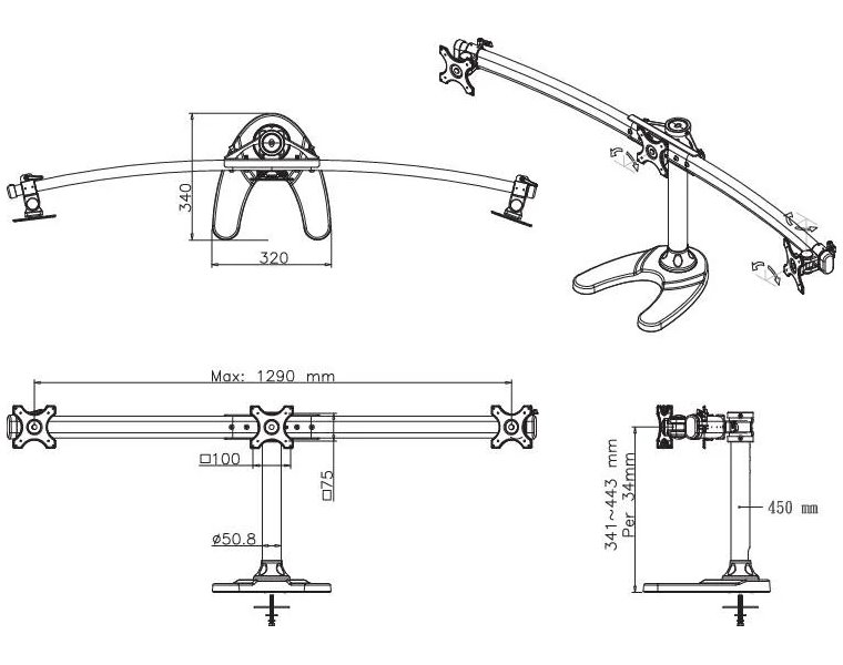 Neomounts FPMA-D700DD3/Držák displeje/na stůl/10-27"/stojan+průchodka/VESA 100X100/nosn. 3x8kg/3 displeje/černý