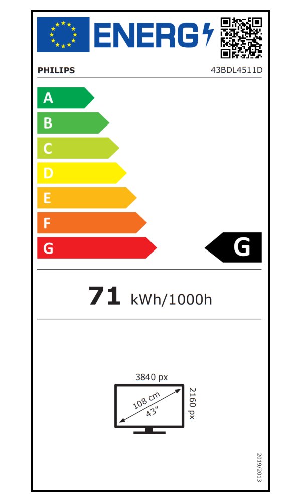PHILIPS displej 42,5" 43BDL4511D / D-Line/ IPS/ 4K UHD/ 60Hz/ 8ms/ 24/7