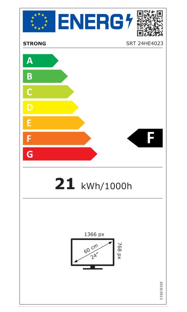 STRONG LED TV 24"/ SRT24HE4023/ HD Ready/ 1366x768/ DVB-T2/C/S2/ H.265/HEVC/ 2x HDMI/ USB/ 12V/ černá/ F