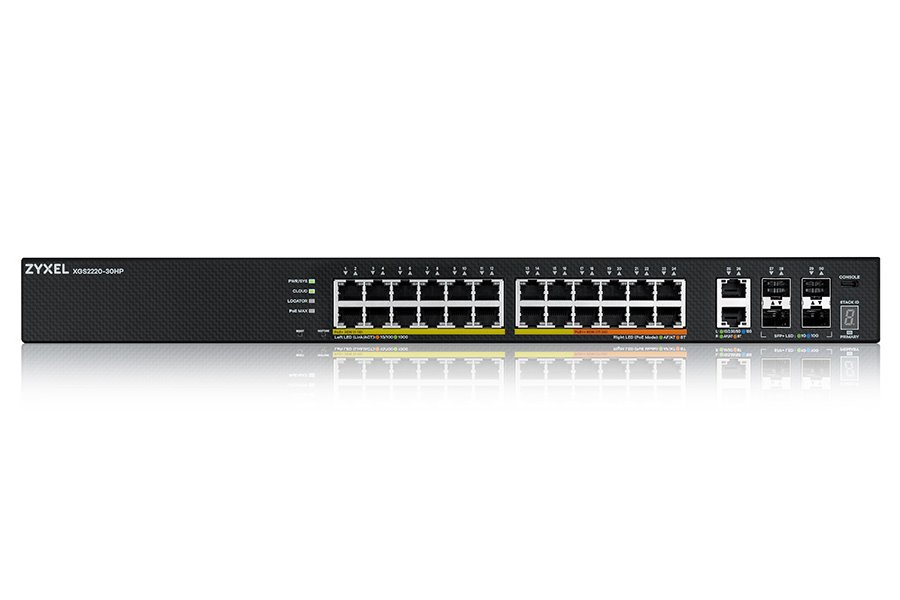 ZyXEL XGS2220-30HP, L3 Access Switch, 400W PoE, 16xPoE+/10xPoE++, 24x1G RJ45 2x10mG RJ45, 4x10G SFP+ Uplink, incl. 1 yr