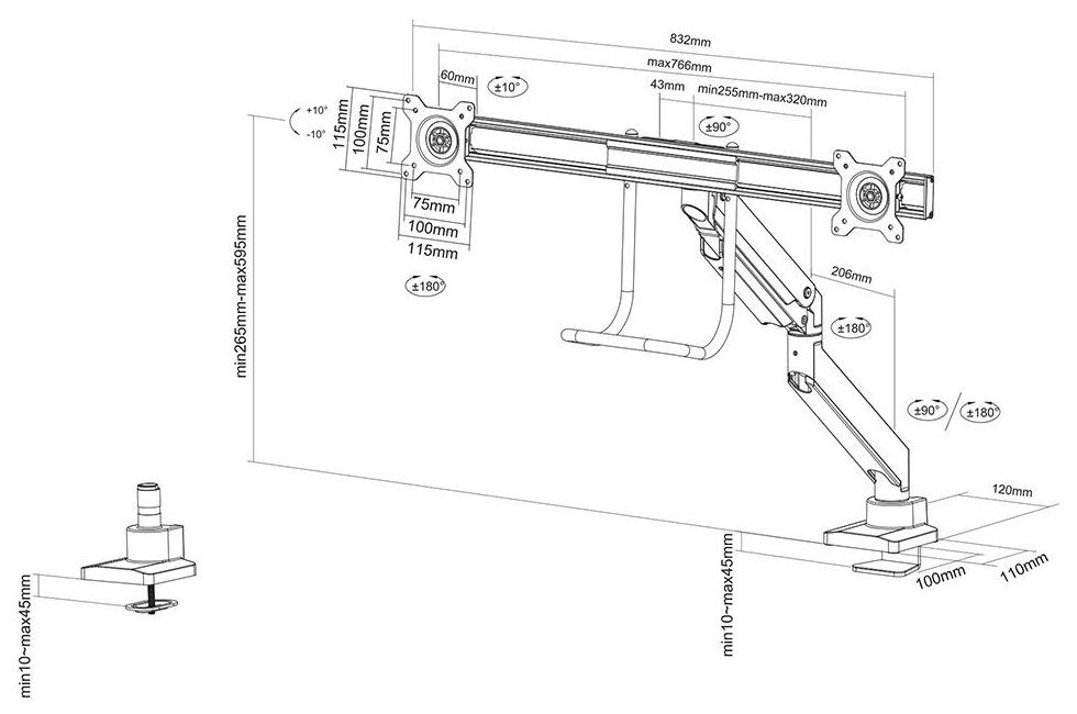 Neomounts Select  NM-D775DXSILVER / Flat Screen Desk mount (10-32") desk clamp/grommet / Silver