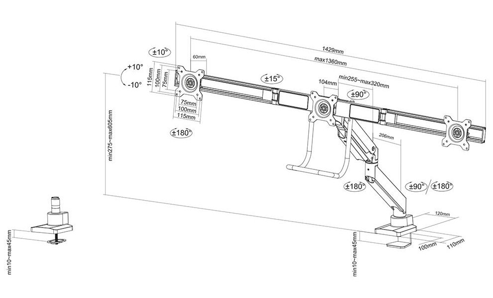 Neomounts Select  NM-D775DX3WHITE / Flat Screen Desk mount (17-27") desk clamp/grommet / White