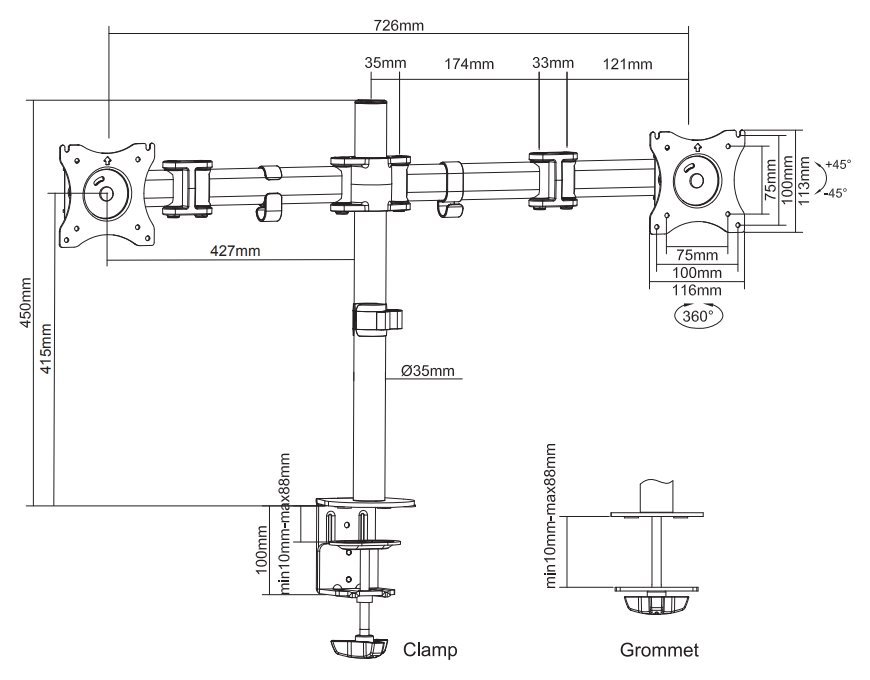 Neomounts Select NM-D135DSILVER/Držák displeje/na stůl/10-27"/svorka+průchodka/VESA 100X100/nosn. 2x 8kg/2 disp/stříbrný