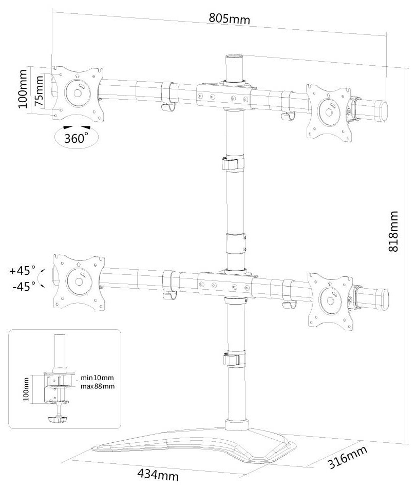 Neomounts Select  NM-D335D4BLACK / Flat Screen Desk mount (10-27") desk clamp/stand/grommet / Black