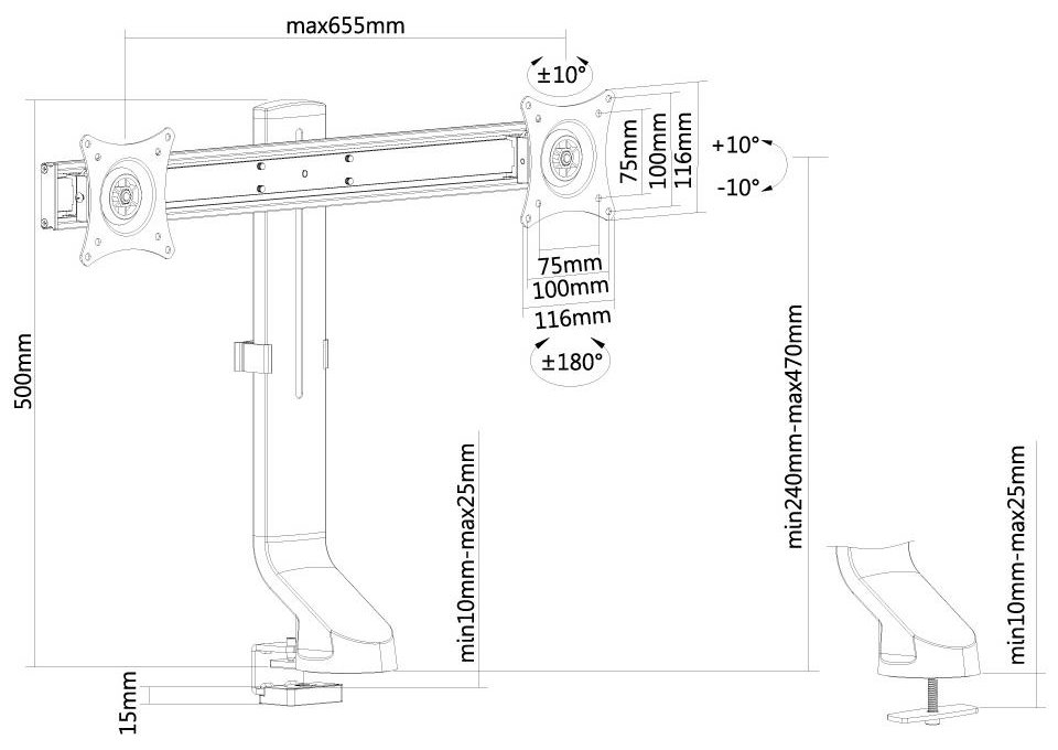 Neomounts FPMA-D860DBLACK /Držák displeje/na stůl/10-27"/svorka+průchodka/VESA 100X100/nosn.2x7kg/2 displeje/černý