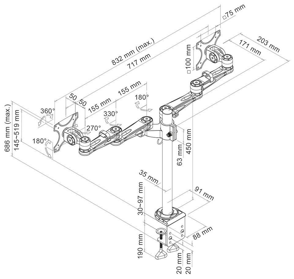 Neomounts FPMA-D935D /Držák displeje/na stůl/14-27"/svorka/3čepy/VESA 100X100/nosn.2x6kg/2 displeje/stříbrný