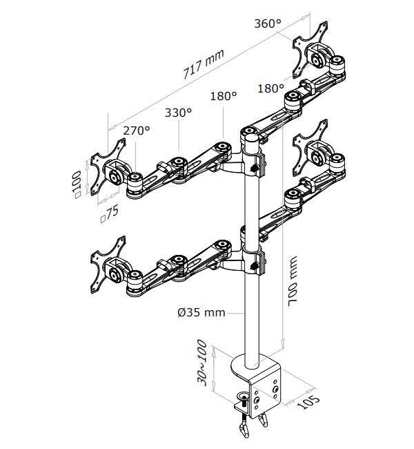 Neomounts FPMA-D935D4 /Držák displeje/na stůl/10-27"/svorka/3čepy/VESA 100X100/nosn.4x6kg/4 displeje/stříbrný