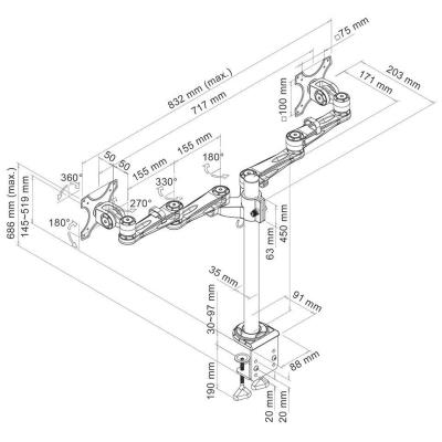 Neomounts FPMA-D935D /Držák displeje/na stůl/14-27"/svorka/3čepy/VESA 100X100/nosn.2x6kg/2 displeje/stříbrný