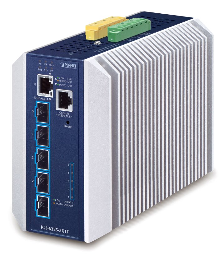 Planet IGS-6325-5X1T průmyslový L3 switch, 1x10Gb, 5x10Gb SFP+, 9-48VDC, -40~75°C, IP30, fanless