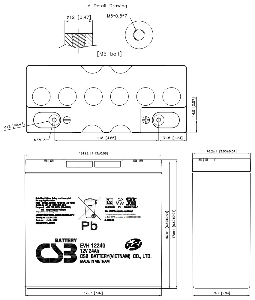 CSB Pb záložní akumulátor VRLA AGM 12V/24Ah 6-DZM-20 (EVH12240)