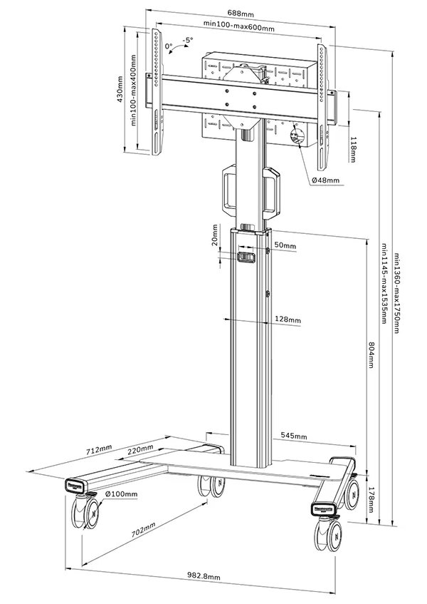 Neomounts Select FL50S-825BL1/Držák displeje/vozík/37-75"/4 kolečka/VESA 600X400/nosn. 70kg/nast.výšky/náklon/černý