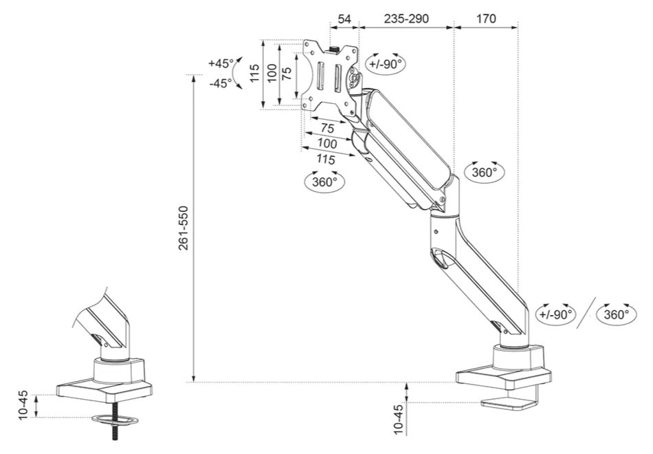 Neomounts DS70-450WH1/Držák displeje/na stůl/17-42"/svorka+průchodka/VESA 100X100/nosn. 15kg/plyn. píst/1 disp/bílý