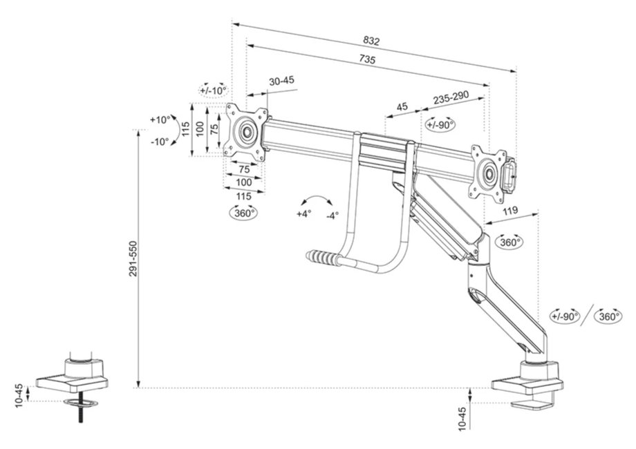 Neomounts DS75-450WH2 /Držák displeje/na stůl/17-32"/svorka+průchodka/VESA 100X100/nosn.2x8kg/plyn. píst/2 displeje/bílý