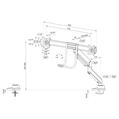 Neomounts DS75-450WH2 /Držák displeje/na stůl/17-32"/svorka+průchodka/VESA 100X100/nosn.2x8kg/plyn. píst/2 displeje/bílý