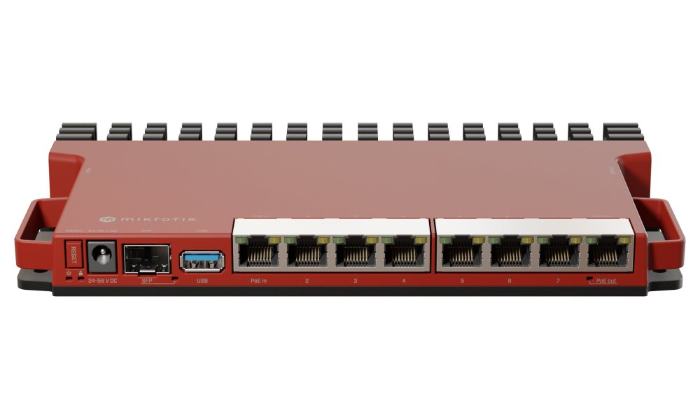 MikroTik L009UiGS-RM, ARM CPU, 512MB RAM, 8x GbE, PoE in/out, SFP, USB 3.0, L5
