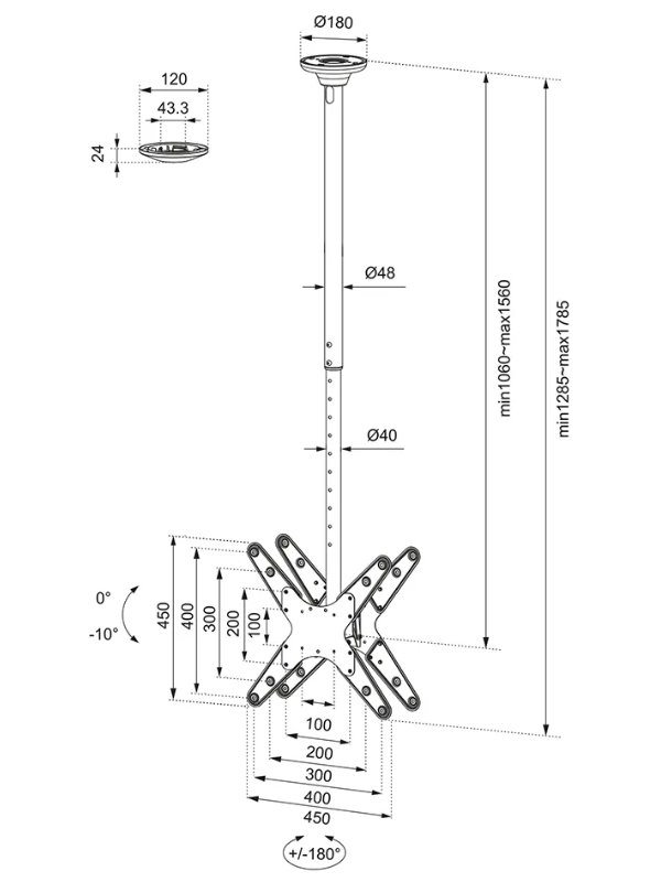 Neomounts  FPMA-C340DBLACK / Back to Back Screen Ceiling Mount (Height: 106-156 cm) / Black