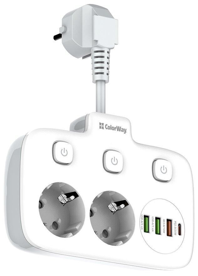 COLORWAY Prodlužovací napájecí přívod/ 2x Schuko/ 3x USB-A/ 1x USB-C / kabel 2,5cm