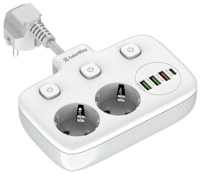 COLORWAY Prodlužovací napájecí přívod/ 2x Schuko/ 3x USB-A/ 1x USB-C / kabel 2,5cm