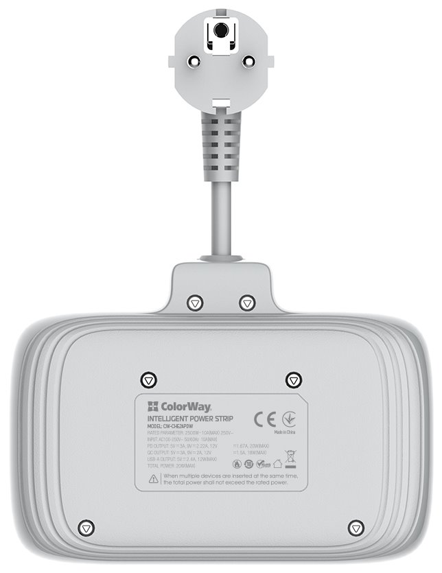 COLORWAY Prodlužovací napájecí přívod/ 2x Schuko/ 3x USB-A/ 1x USB-C / kabel 2,5cm