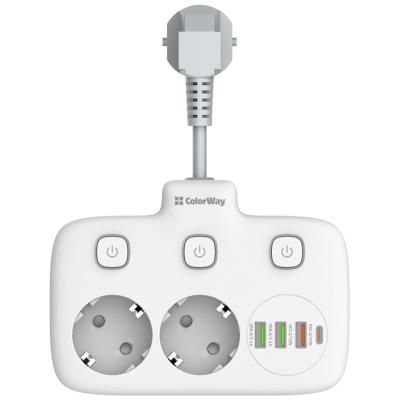 COLORWAY Prodlužovací napájecí přívod/ 2x Schuko/ 3x USB-A/ 1x USB-C / kabel 2,5cm