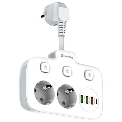 COLORWAY Prodlužovací napájecí přívod/ 2x Schuko/ 3x USB-A/ 1x USB-C / kabel 2,5cm