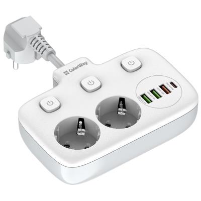 COLORWAY Prodlužovací napájecí přívod/ 2x Schuko/ 3x USB-A/ 1x USB-C / kabel 2,5cm