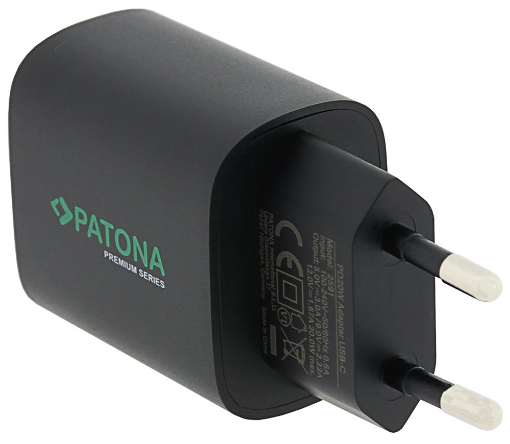 PATONA nabíječka/ USB-C/ vstup /100-240V/ výstup 5V/3.0A, 9V/2.22A, 12V/1.67A/ 20W Power delivery/ černá