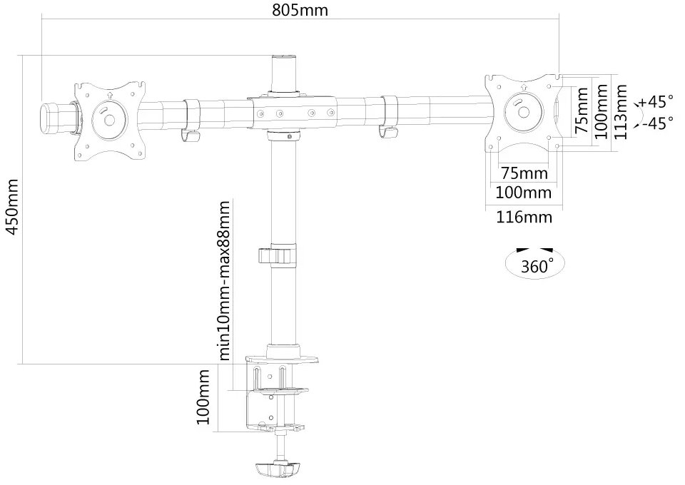 Neomounts FPMA-DCB100DBLACK / Flat Screen Desk Mount (clamp/grommet) - Crossbar / Black