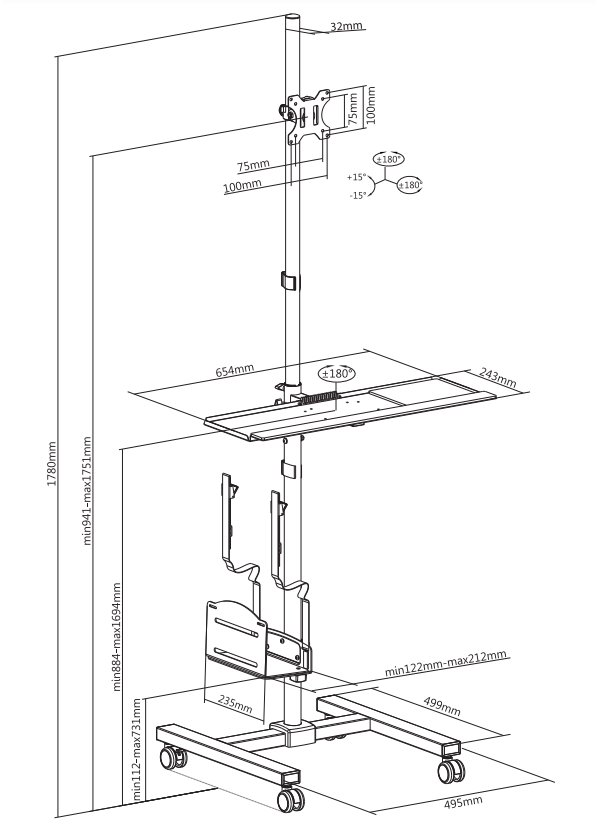 Neomounts FPMA-MOBILE1700 / Mobile Workplace Floor Stand (monitor, keyboard/mouse & PC) / Black