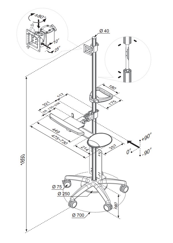 Neomounts FPMA-MOBILE1800 / Mobile Workplace Floor Stand (monitor, keyboard/mouse & PC) / Silver