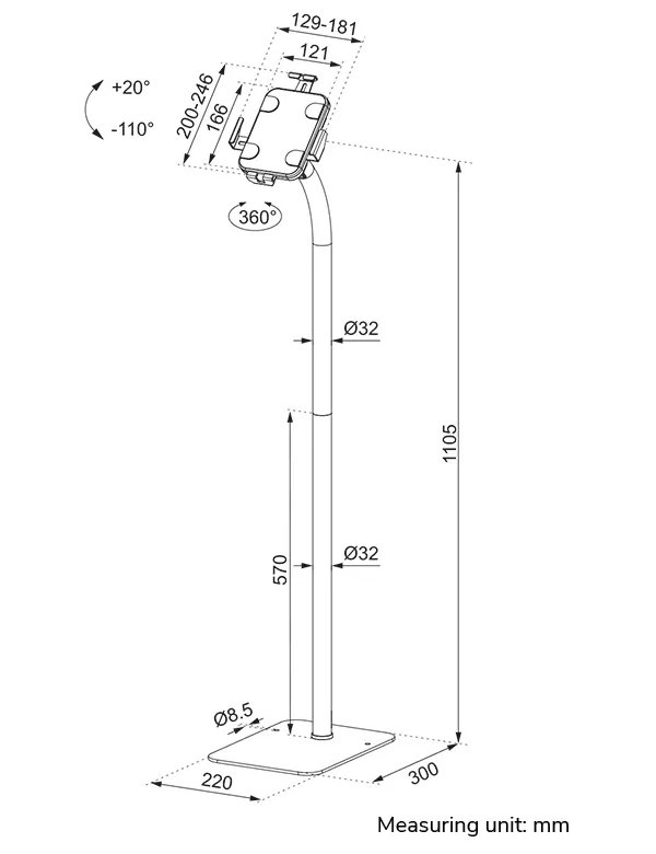 Neomounts FL15-625WH1/Držák tabletu/na podlahu/7,9-11" /náklon/rotace 360°/123,8cm/tloušťka tabletu 0-8,5mm/bílý