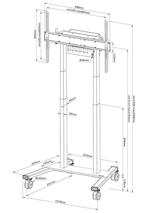 Neomounts FL55-875WH1/Držák displeje/vozík/37-100"/4 kolečka/VESA 800X600/nosn. 110kg/mot. nast.výšky/bílý