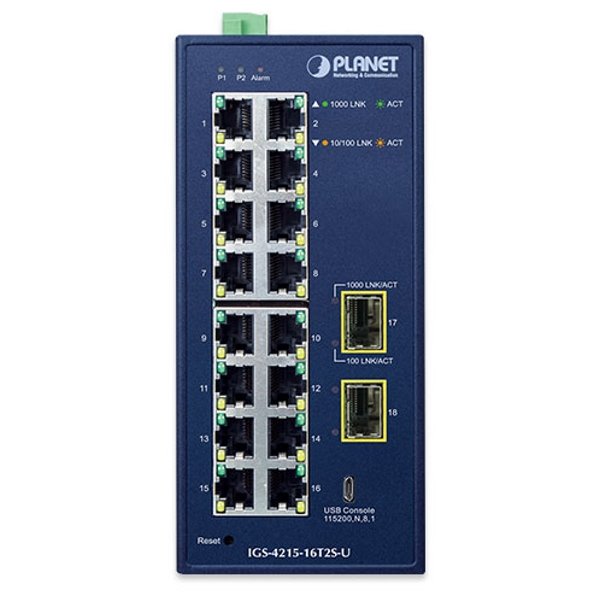Planet IGS-4215-16T2S-U průmyslový L2 switch, 16x1Gb, 2x1Gb SFP, dual 9-48VDC, -40~75°C, 1x Micro-USB female port, IP30