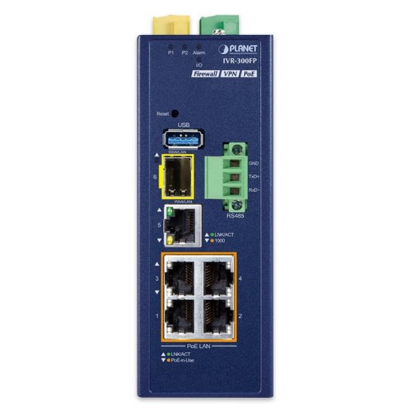 Planet IVR-300FP Enterprise router/FW VPN/VLAN/QoS/HA/AP kontr, 2xWAN(SD-WAN), 3xLAN,1xSFP,4xPoE, IP30,-40/75st,48-54VDC