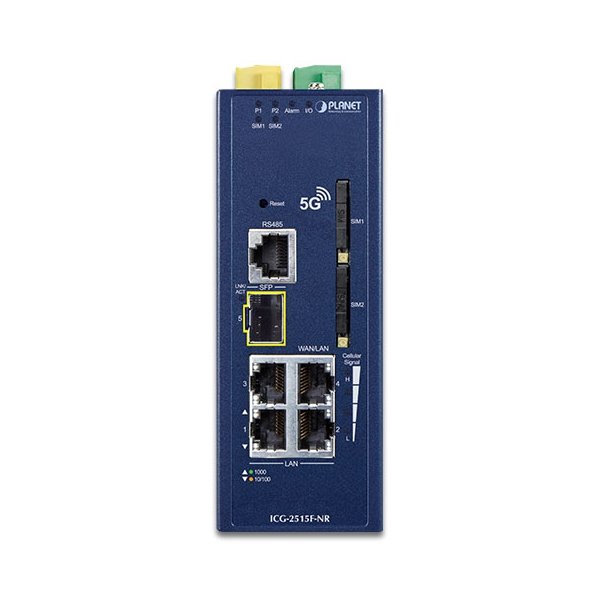 Planet dual 5G/LTE bezpečnostní brána, 2xWAN + 3xLAN/1xSFP, DI/DO, GPS, DIN, IP30, -40/+75°C, dual 9-54VDC