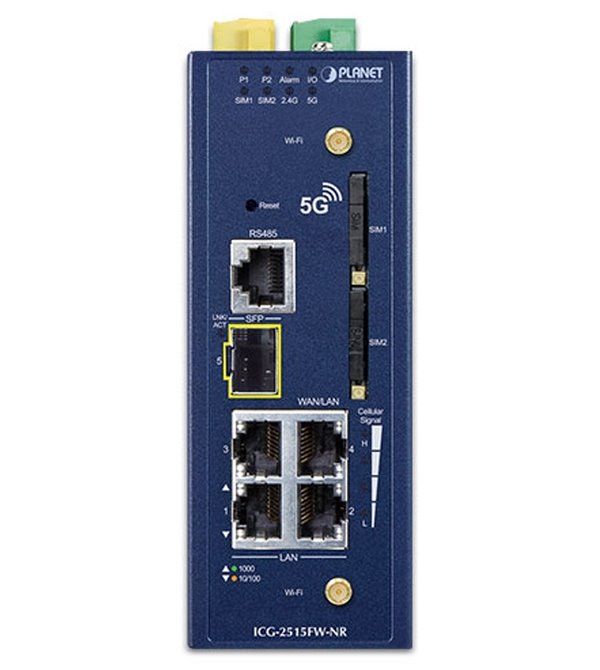 Planet dual 5G/LTE bezpečnostní brána, 2xWAN + 3xLAN/1xSFP, DI/DO, GPS, WiFi, DIN, IP30, -45/+75°C, dual 9-54VDC
