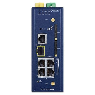 Planet dual 5G/LTE bezpečnostní brána, 2xWAN + 3xLAN/1xSFP, DI/DO, GPS, WiFi, DIN, IP30, -45/+75°C, dual 9-54VDC