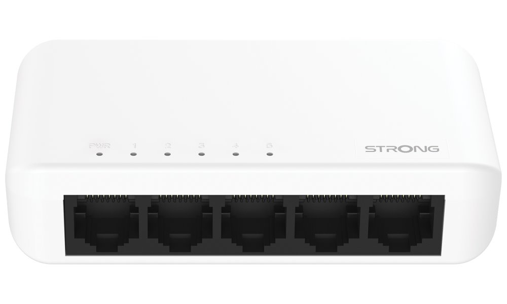 STRONG switch SW5000P/ 5x port Gigabit RJ45/ 10/100/1000 Mb/s/ 10 Gb/s/ 802.3i/u/ab/ plastové šasi/ bílý