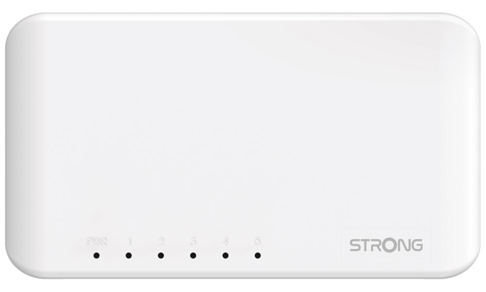 STRONG switch SW5000P/ 5x port Gigabit RJ45/ 10/100/1000 Mb/s/ 10 Gb/s/ 802.3i/u/ab/ plastové šasi/ bílý