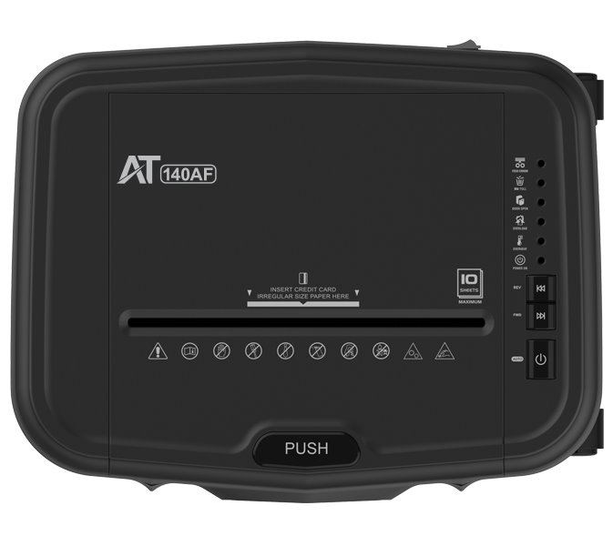 AT skartovač AT-140AF/ řez 2x12 mm/ pracovní síře 220 mm/ kapacita 150 listů/ objem koše 19 l/ stupeň utajení P5/ černý